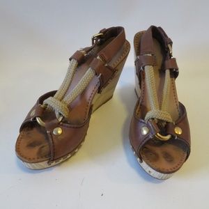 MIU MIU TAN LEATHER SLINGBACK PLATFORM WEDGES 5.5